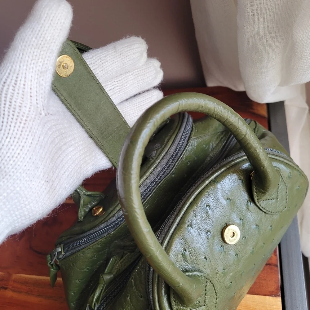 WEL JAPAN Rare OSTRICH Exotic Leather Military Green Handbag Tokyo